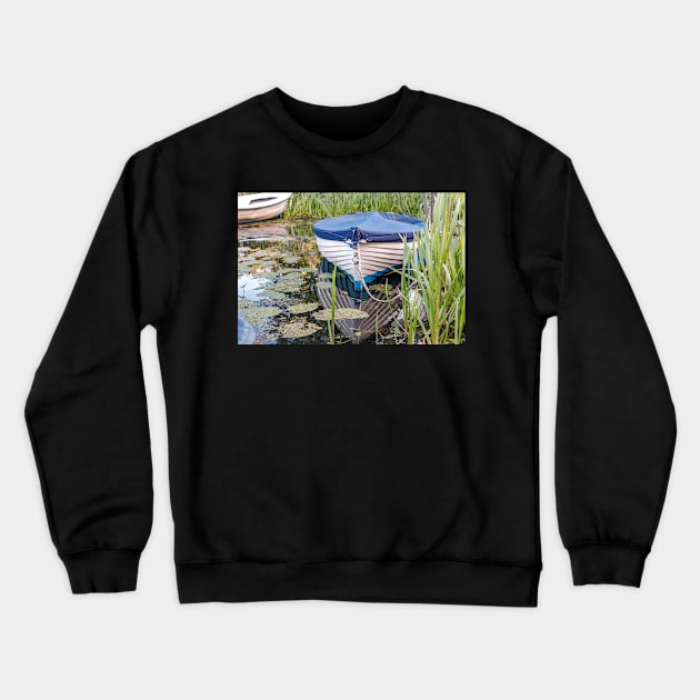 Moored row boat on the Norfolk Broads Crewneck Sweatshirt by yackers1